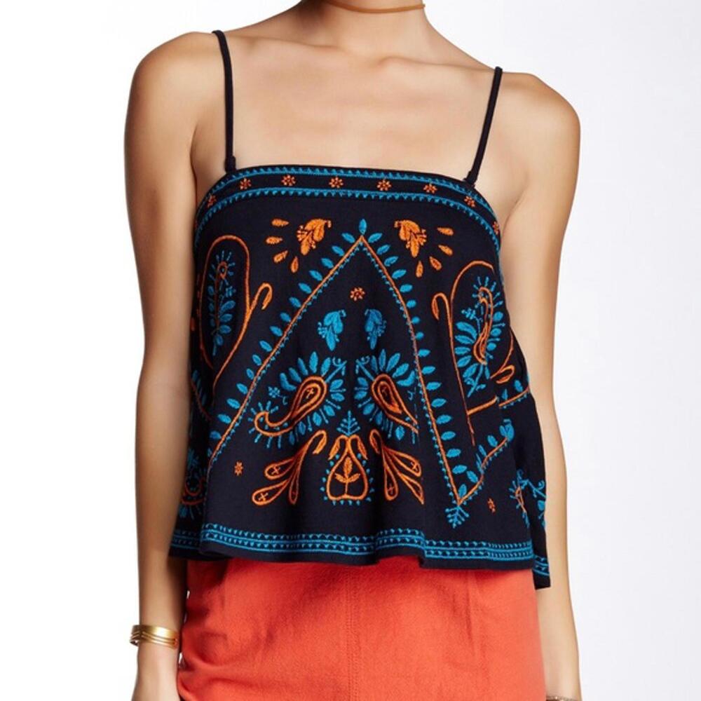 Free People Flirt Alert Tank Top Tube Cami Sz XS Black Embroidered Boho Festival